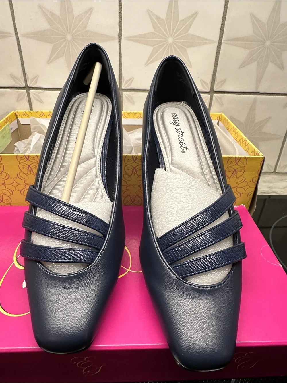 Easy Street Navy Low Block Heel Pumps with Textured Straps 7m Ladies NIB